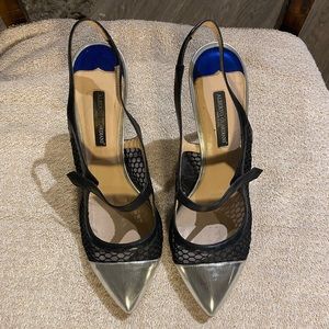 Alberto Guardiani Black Fishnet W/Silver toe Slingback Designer Sandals, size 40